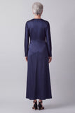 Dark Blue Round Neck Beaded Satin Long Sleeves Mother of the Bride Dress