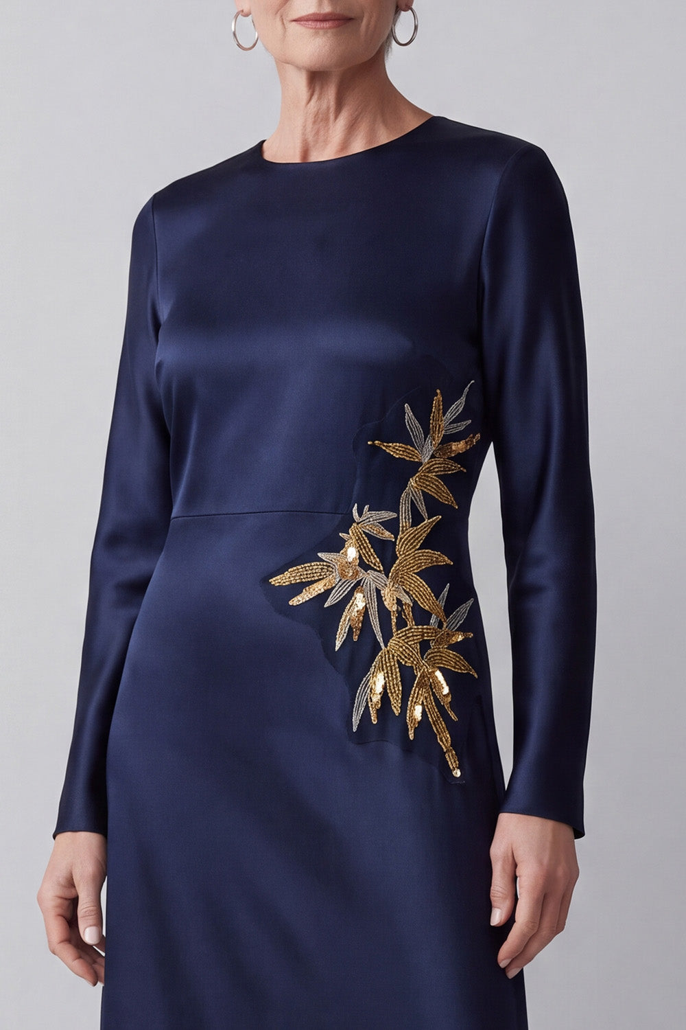 Dark Blue Round Neck Beaded Satin Long Sleeves Mother of the Bride Dress