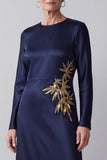 Dark Blue Round Neck Beaded Satin Long Sleeves Mother of the Bride Dress