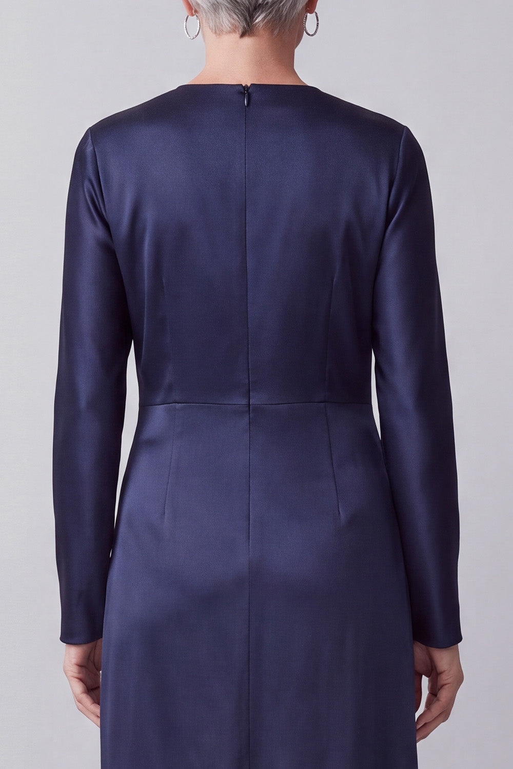 Dark Blue Round Neck Beaded Satin Long Sleeves Mother of the Bride Dress
