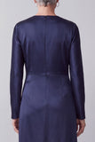 Dark Blue Round Neck Beaded Satin Long Sleeves Mother of the Bride Dress