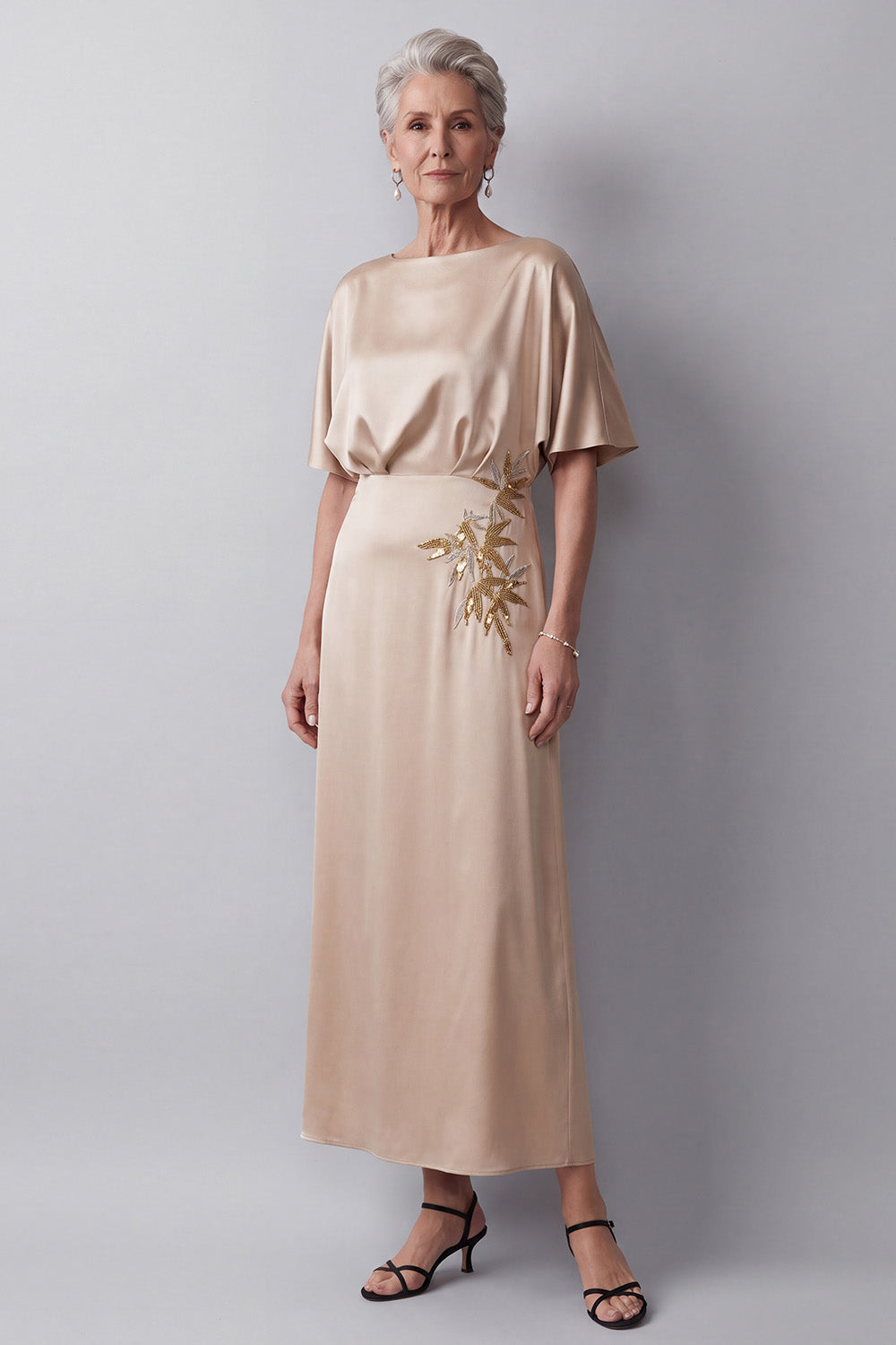 Champagne Sheath Floral Beaded Satin Long Mother of the Bride Dress with Sleeves