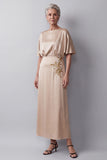 Champagne Sheath Floral Beaded Satin Long Mother of the Bride Dress with Sleeves