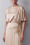 Champagne Sheath Floral Beaded Satin Long Mother of the Bride Dress with Sleeves