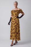 Ginger Yellow Off the Shoulder Ruffled Floral Long Mother of the Bride Dress with Sleeves