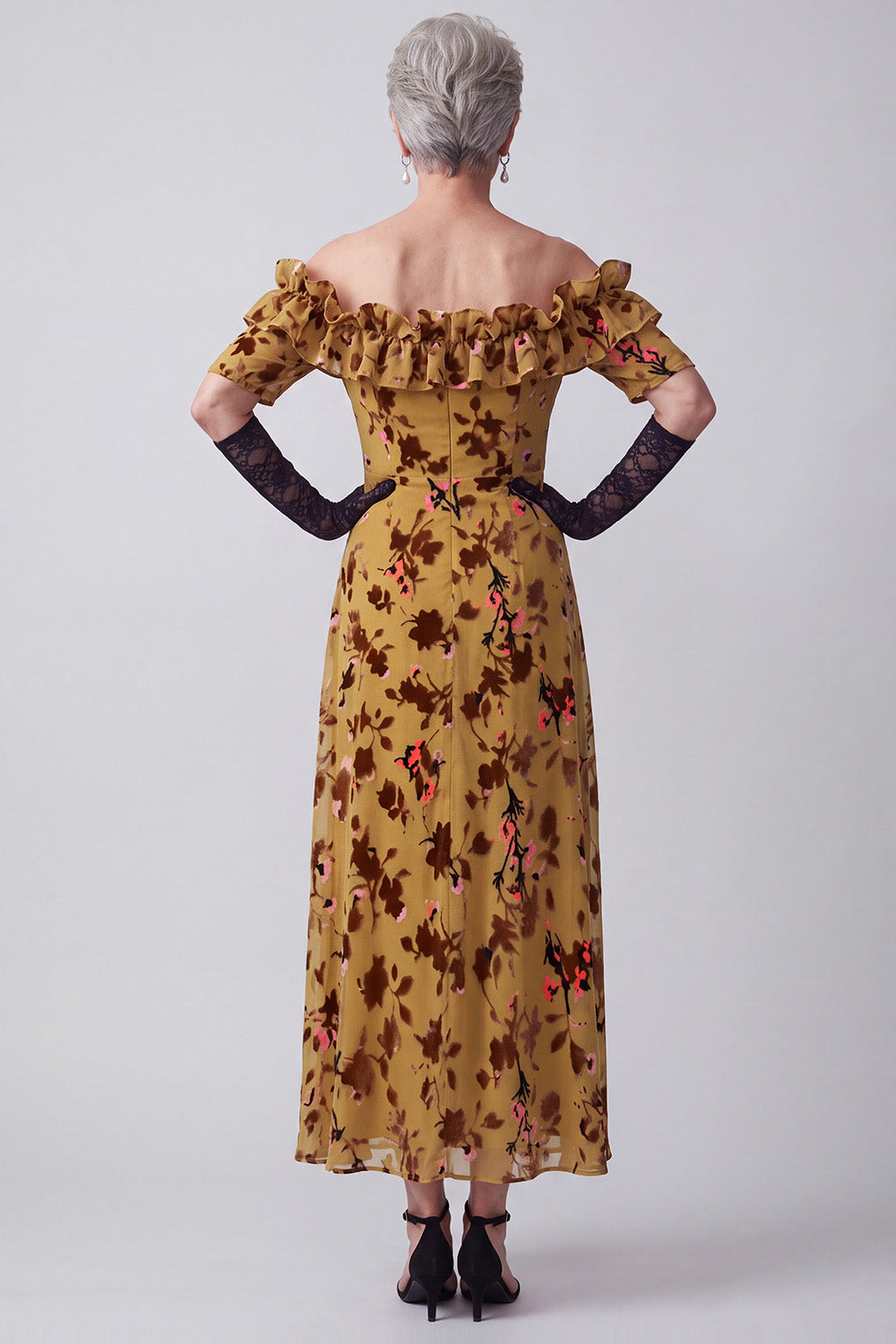 Ginger Yellow Off the Shoulder Ruffled Floral Long Mother of the Bride Dress with Sleeves