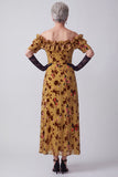 Ginger Yellow Off the Shoulder Ruffled Floral Long Mother of the Bride Dress with Sleeves