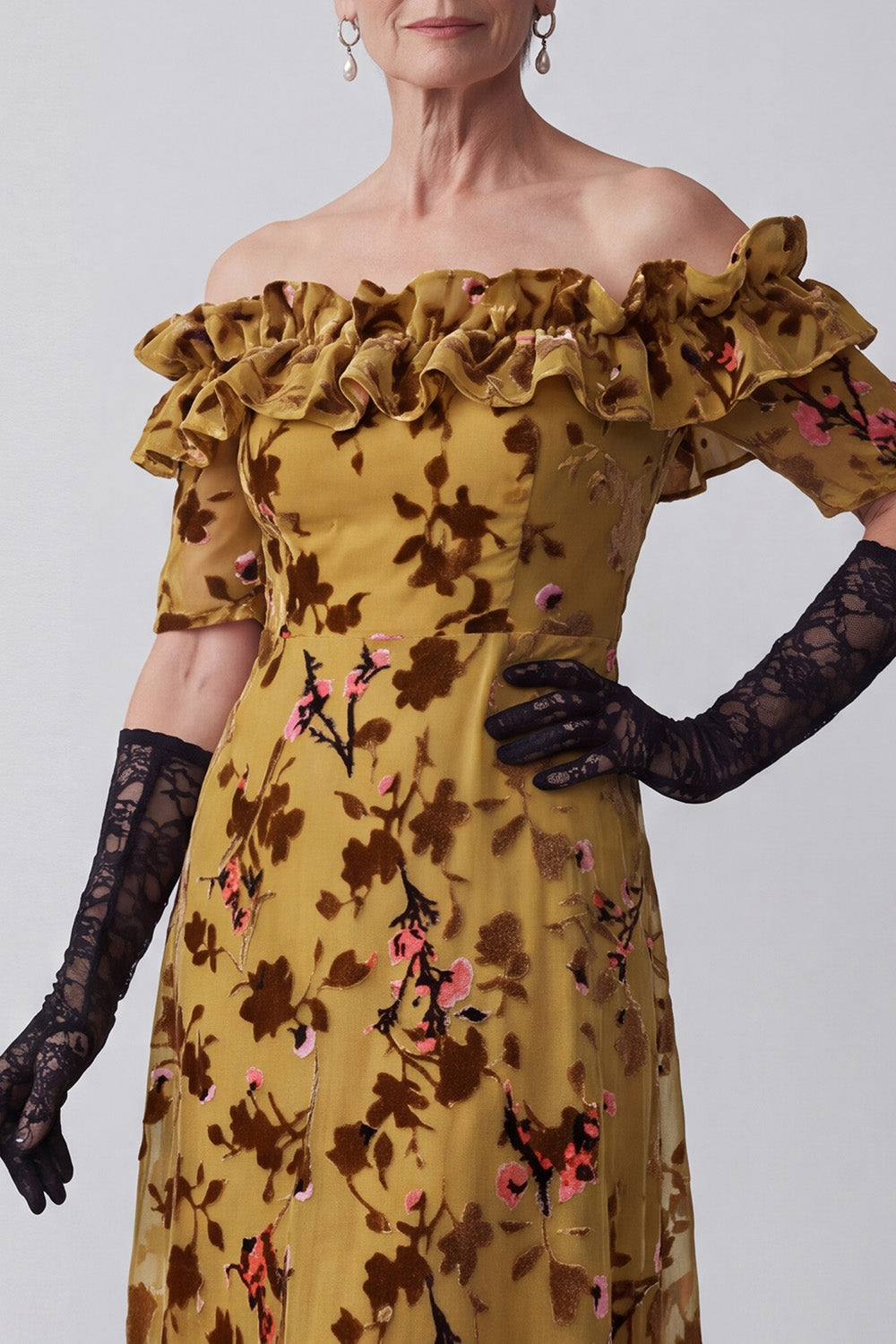 Ginger Yellow Off the Shoulder Ruffled Floral Long Mother of the Bride Dress with Sleeves