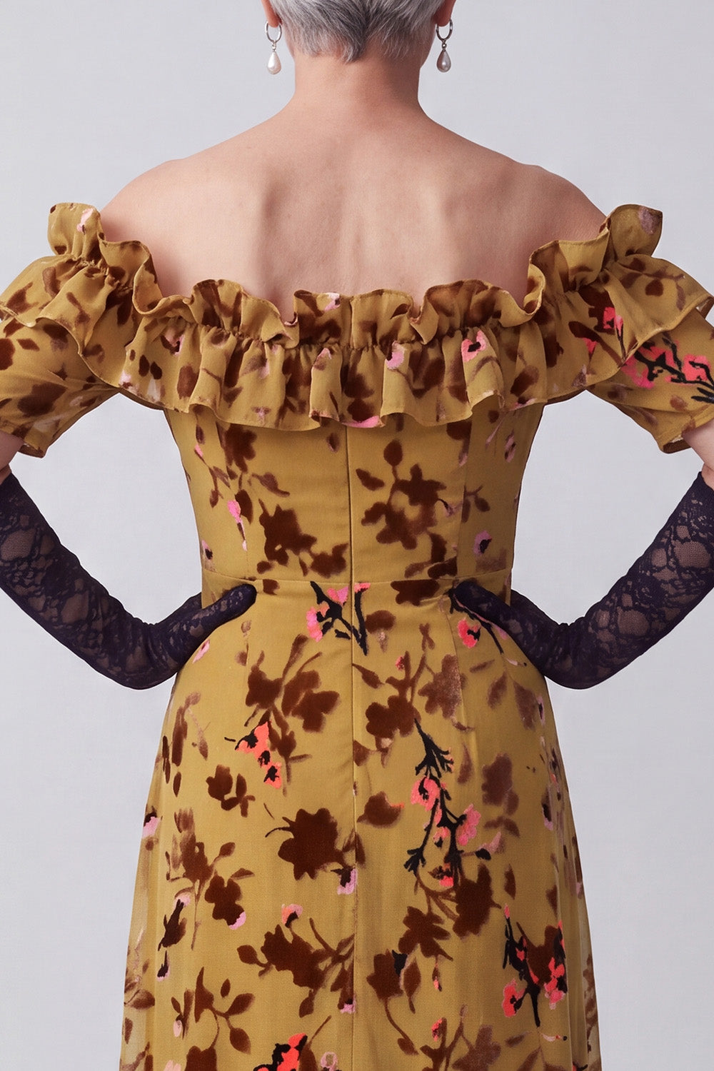 Ginger Yellow Off the Shoulder Ruffled Floral Long Mother of the Bride Dress with Sleeves