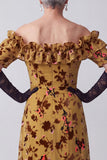 Ginger Yellow Off the Shoulder Ruffled Floral Long Mother of the Bride Dress with Sleeves