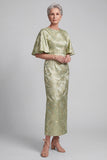 Light Green Sheath Jacquard Midi Mother of the Bride Dress with Sleeves