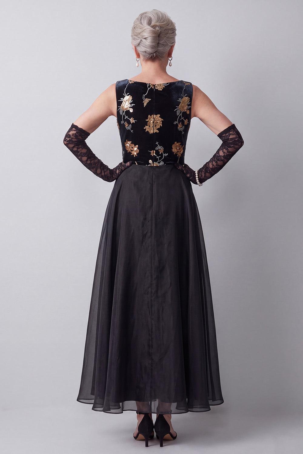 Sparkly Black A-Line Floral Sequins Chiffon Long Mother of the Bride Dress