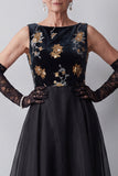 Sparkly Black A-Line Floral Sequins Chiffon Long Mother of the Bride Dress