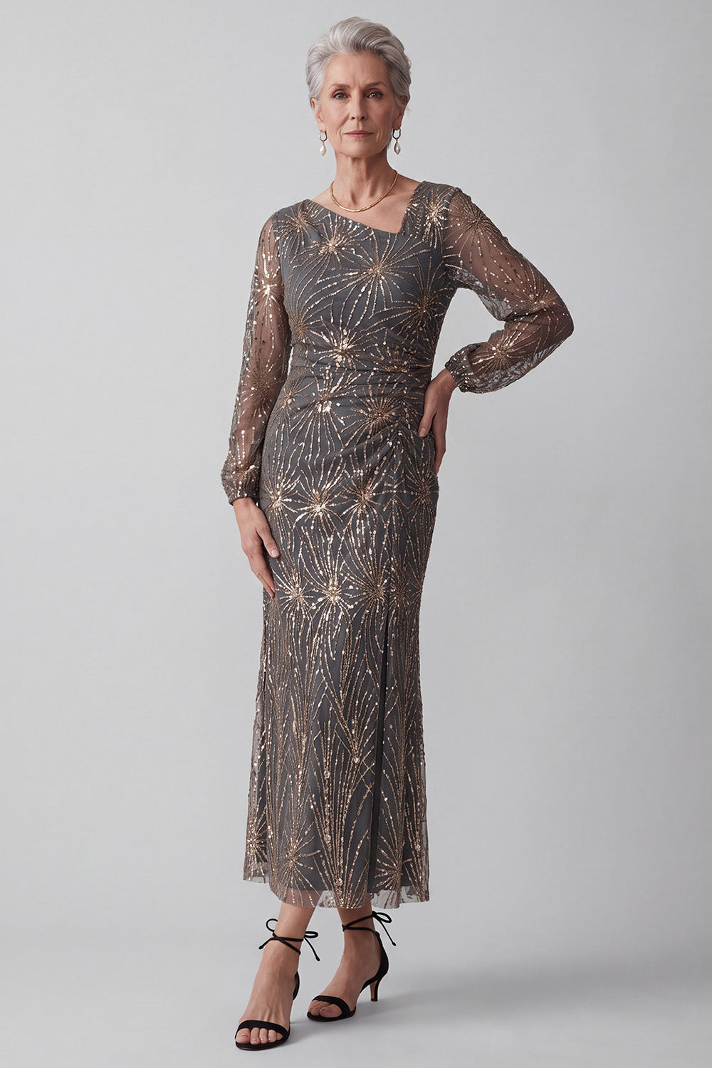 Sparkly Steel Grey Mermaid Ruched Midi Mother of the Bride Dress with Sleeves