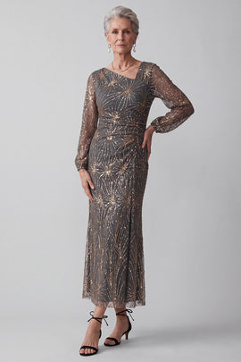 Sparkly Steel Grey Mermaid Ruched Midi Mother of the Bride Dress with Sleeves