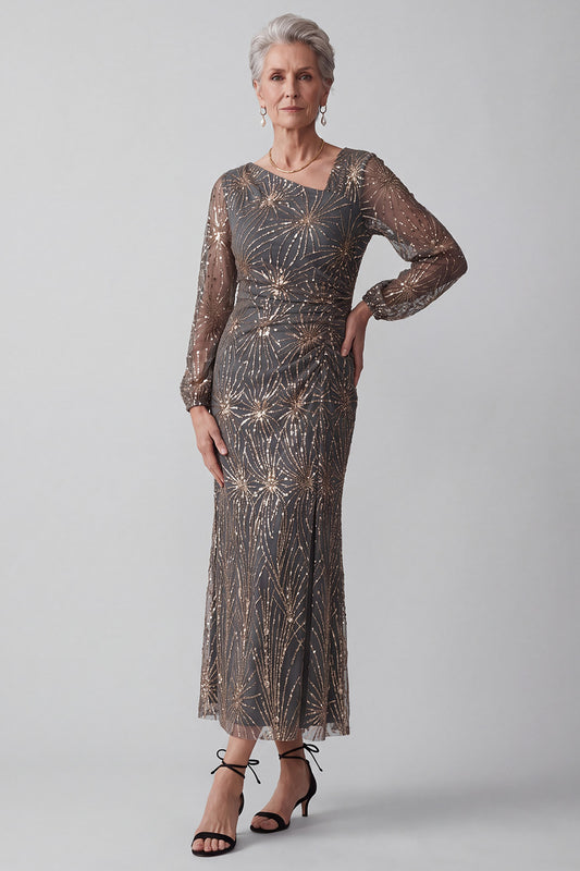 Sparkly Steel Grey Mermaid Ruched Midi Mother of the Bride Dress with Sleeves