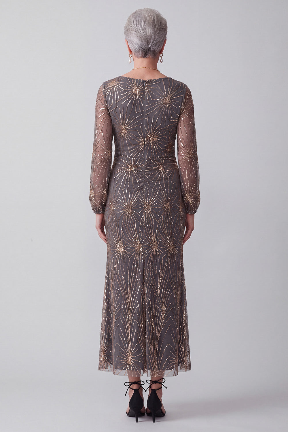 Sparkly Steel Grey Mermaid Ruched Midi Mother of the Bride Dress with Sleeves