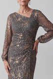 Sparkly Steel Grey Mermaid Ruched Midi Mother of the Bride Dress with Sleeves