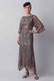 Sparkly Steel Grey Sheath Boat Neck Midi Mother of the Bride Dress with Sleeves