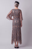 Sparkly Steel Grey Sheath Boat Neck Midi Mother of the Bride Dress with Sleeves
