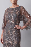 Sparkly Steel Grey Sheath Boat Neck Midi Mother of the Bride Dress with Sleeves