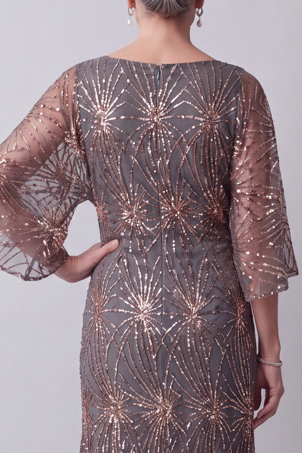 Sparkly Steel Grey Sheath Boat Neck Midi Mother of the Bride Dress with Sleeves