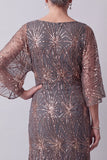 Sparkly Steel Grey Sheath Boat Neck Midi Mother of the Bride Dress with Sleeves