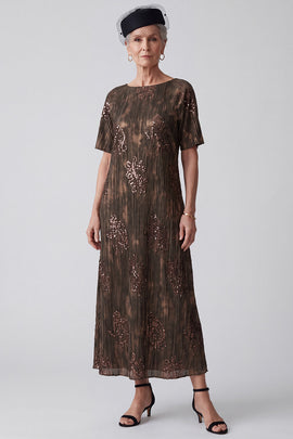Sparkly Coffee Sheath Sequins Midi Mother of the Bride Dress with Sleeves