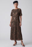 Sparkly Coffee Sheath Sequins Midi Mother of the Bride Dress with Sleeves