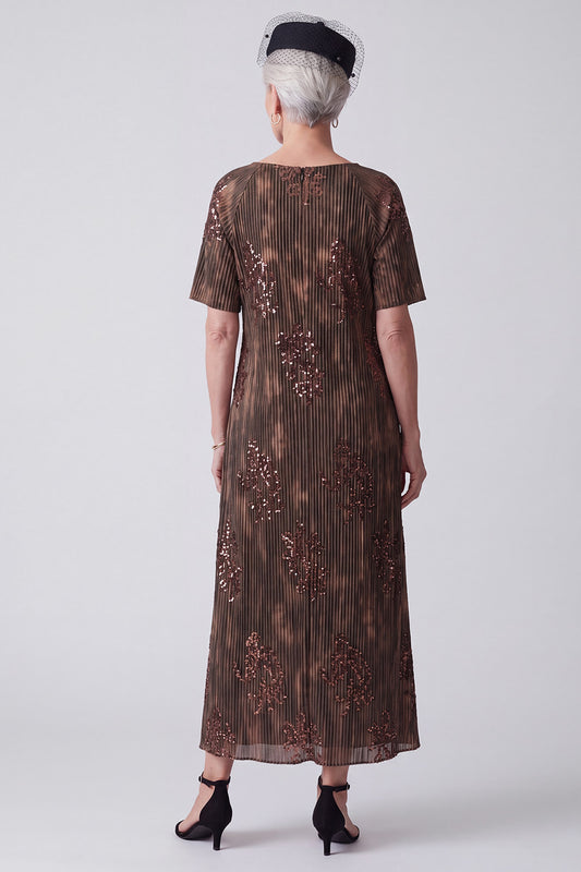 Sparkly Coffee Sheath Sequins Midi Mother of the Bride Dress with Sleeves