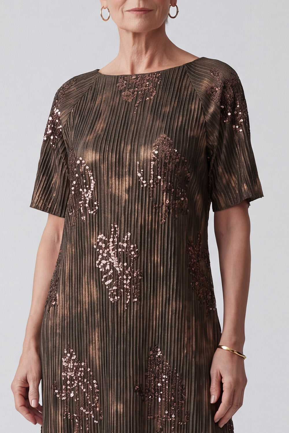 Sparkly Coffee Sheath Sequins Midi Mother of the Bride Dress with Sleeves