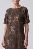 Sparkly Coffee Sheath Sequins Midi Mother of the Bride Dress with Sleeves