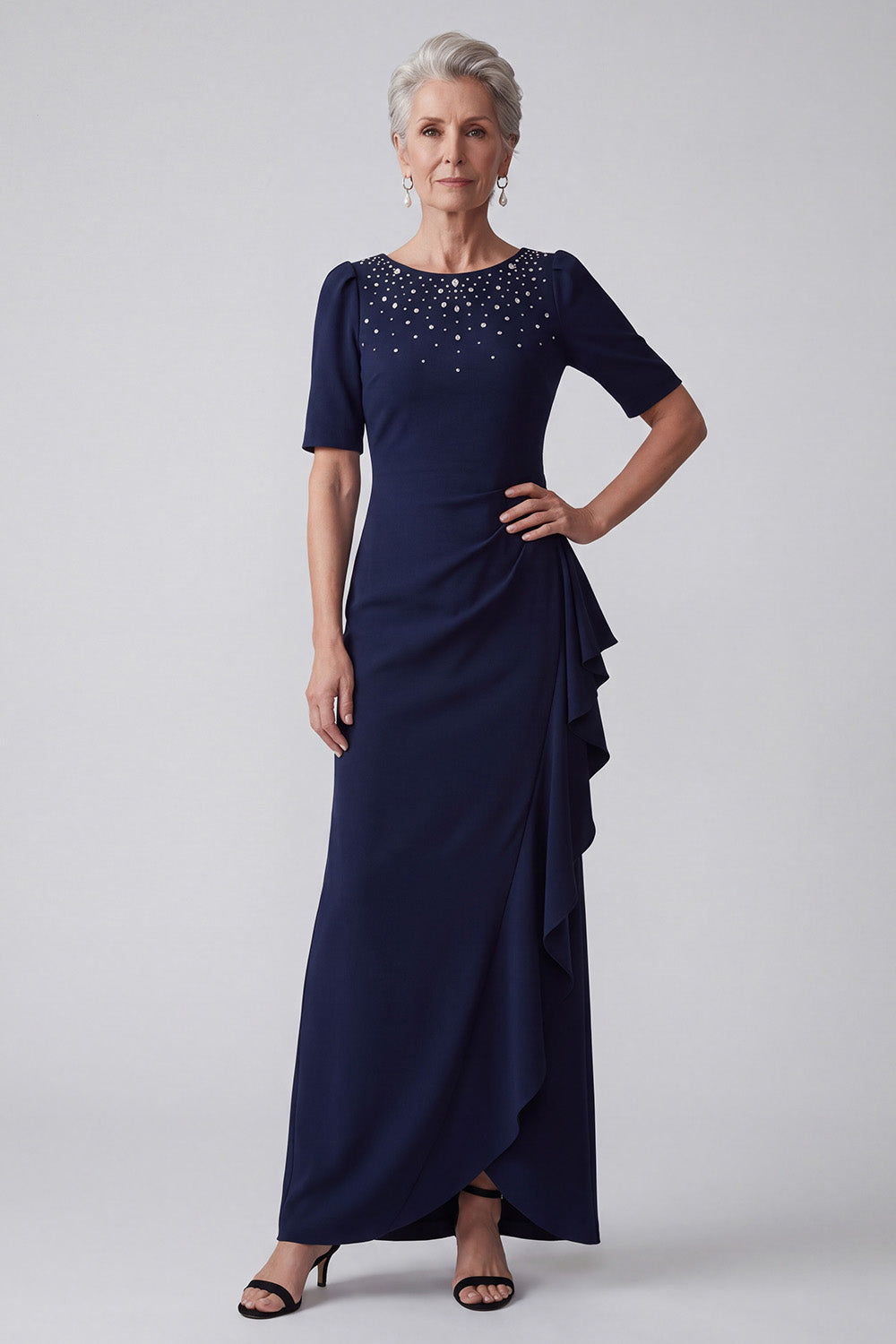 Navy Sheath Round Neck Ruffled Long Mother of the Bride Dress with Rhinestones