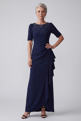 Navy Sheath Round Neck Ruffled Long Mother of the Bride Dress with Rhinestones