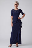 Navy Sheath Round Neck Ruffled Long Mother of the Bride Dress with Rhinestones