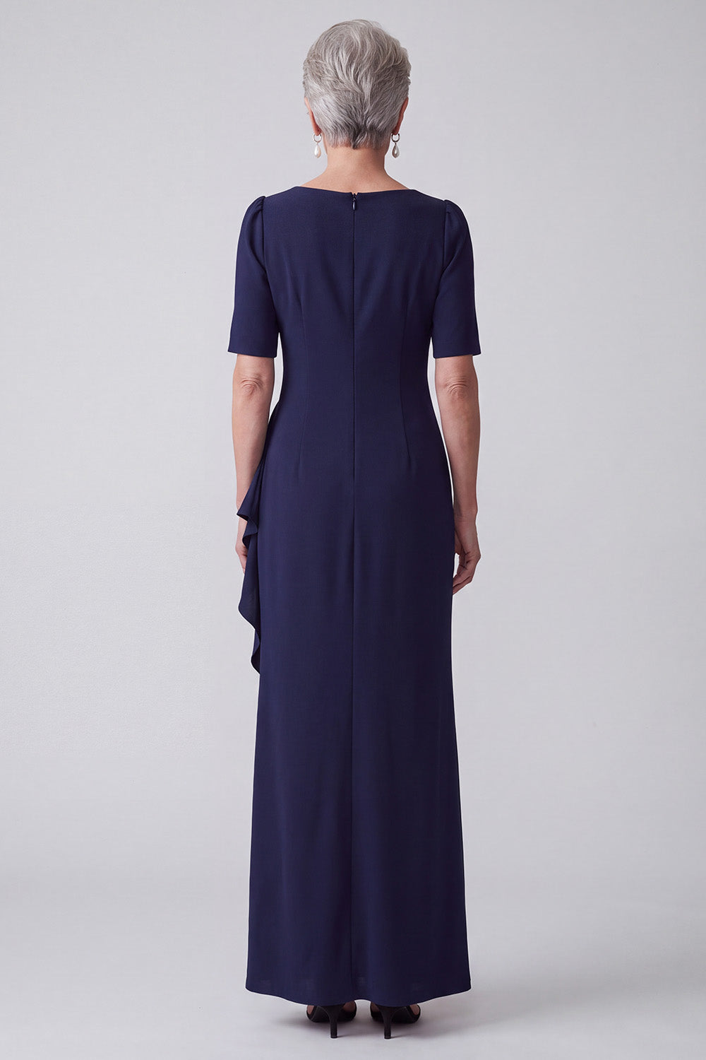 Navy Sheath Round Neck Ruffled Long Mother of the Bride Dress with Rhinestones
