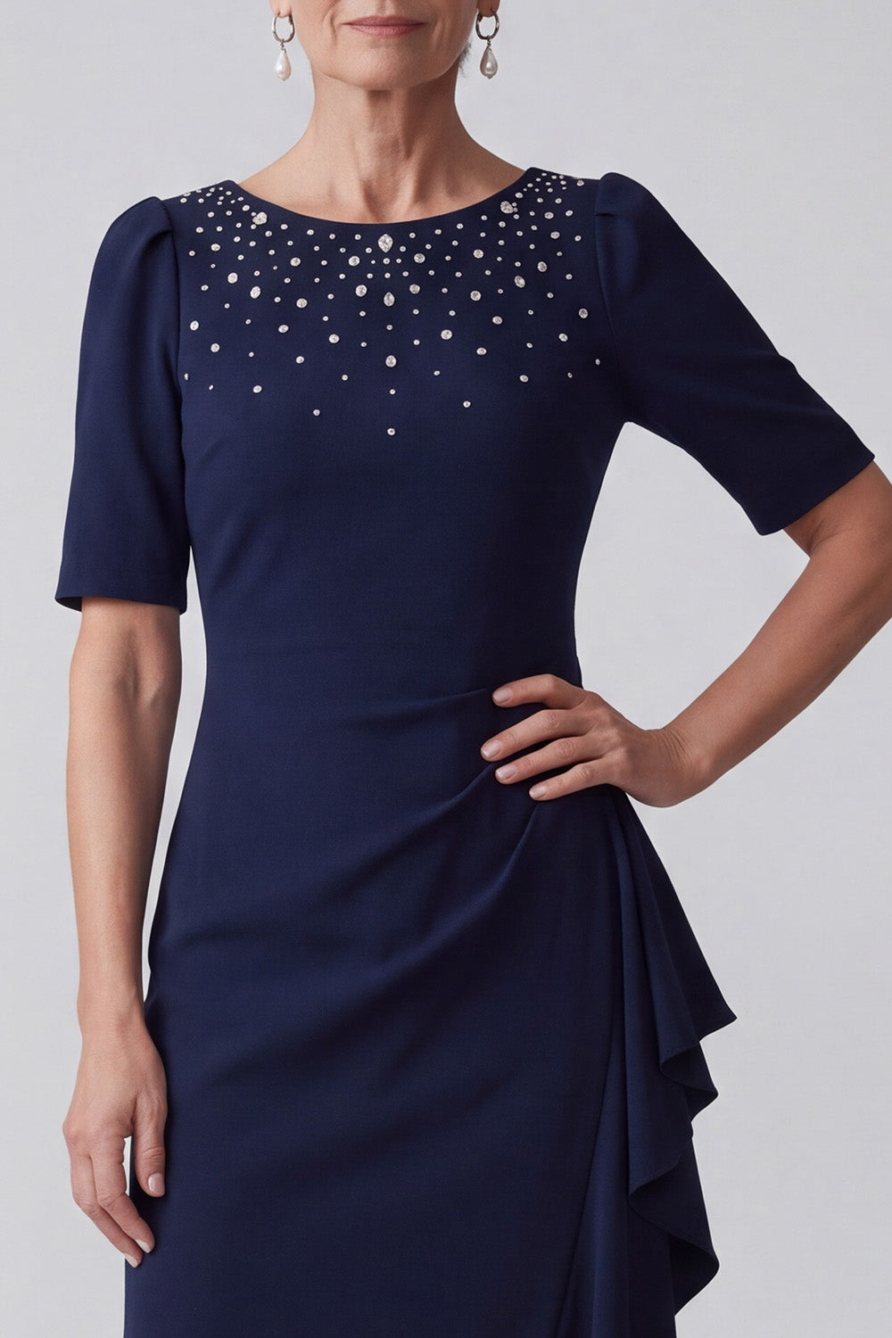 Navy Sheath Round Neck Ruffled Long Mother of the Bride Dress with Rhinestones