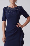 Navy Sheath Round Neck Ruffled Long Mother of the Bride Dress with Rhinestones