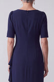 Navy Sheath Round Neck Ruffled Long Mother of the Bride Dress with Rhinestones
