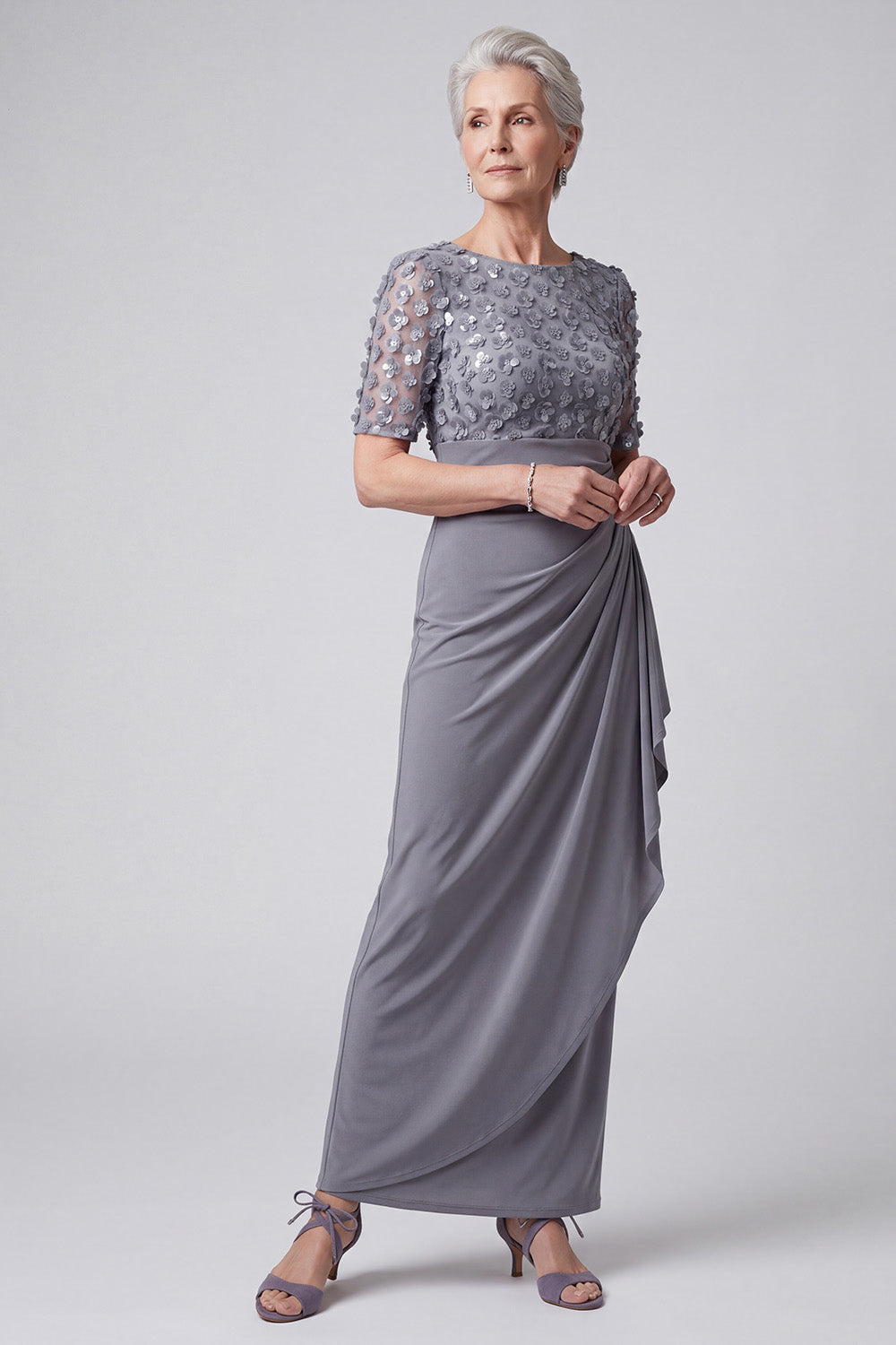 Grey Purple Sheath Sequins Ruched Long Mother of the Bride Dress with Sleeves
