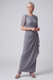 Grey Purple Sheath Sequins Ruched Long Mother of the Bride Dress with Sleeves