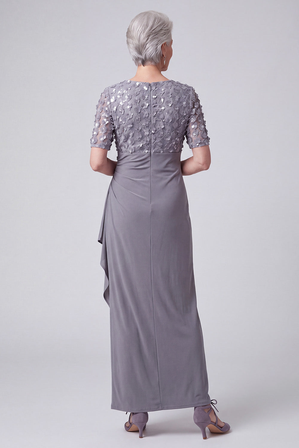 Grey Purple Sheath Sequins Ruched Long Mother of the Bride Dress with Sleeves