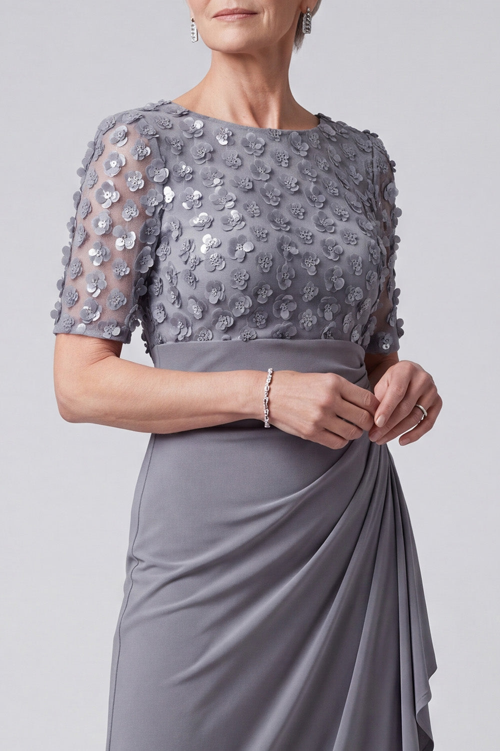 Grey Purple Sheath Sequins Ruched Long Mother of the Bride Dress with Sleeves