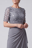 Grey Purple Sheath Sequins Ruched Long Mother of the Bride Dress with Sleeves