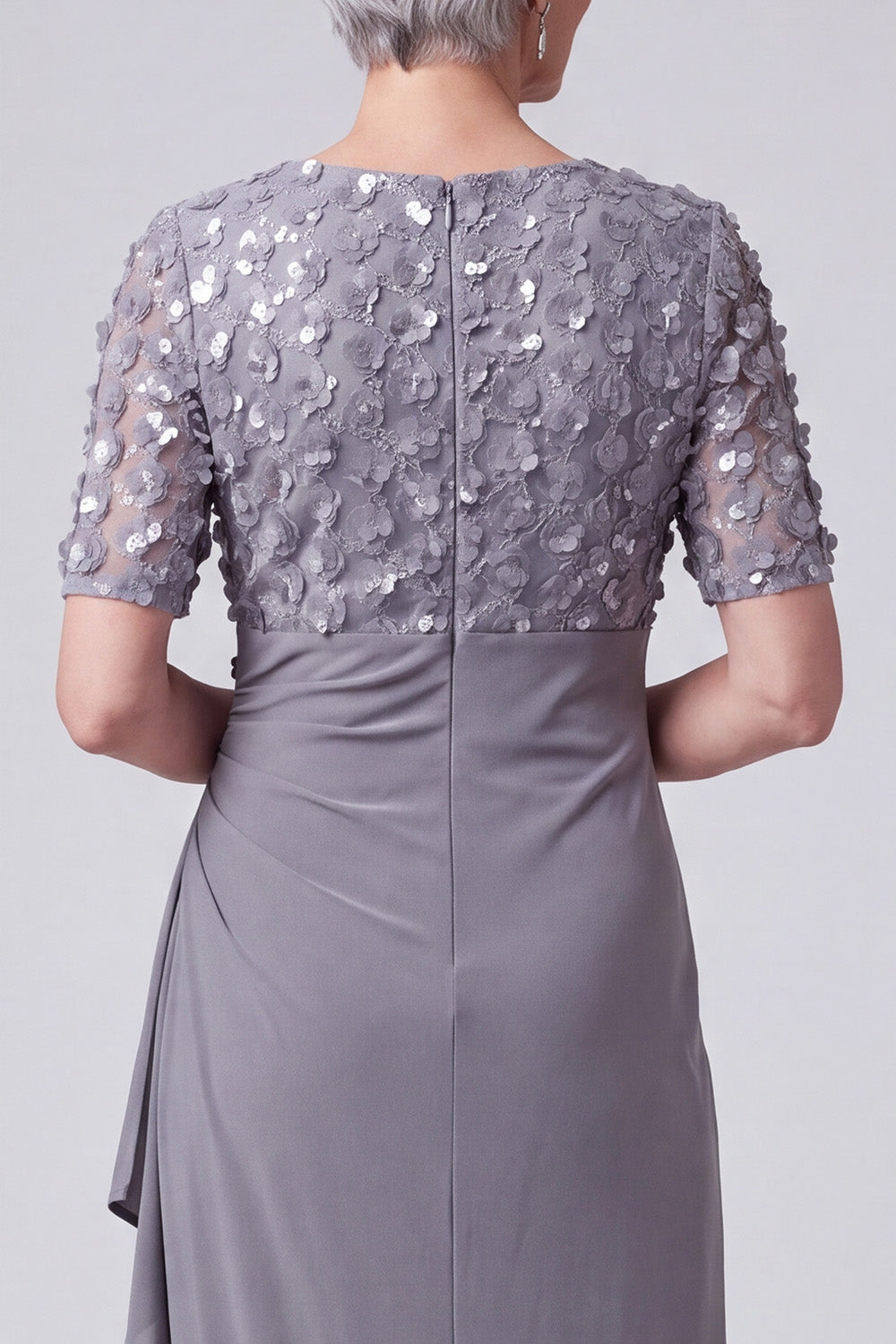 Grey Purple Sheath Sequins Ruched Long Mother of the Bride Dress with Sleeves