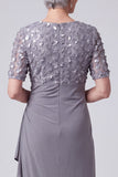 Grey Purple Sheath Sequins Ruched Long Mother of the Bride Dress with Sleeves