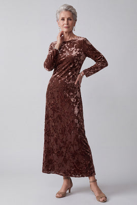 Chocolates Sheath Round Neck Floral Long Sleeves Velvet Holiday Dress