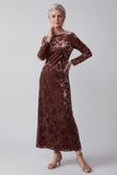 Chocolates Sheath Round Neck Floral Long Sleeves Velvet Holiday Dress