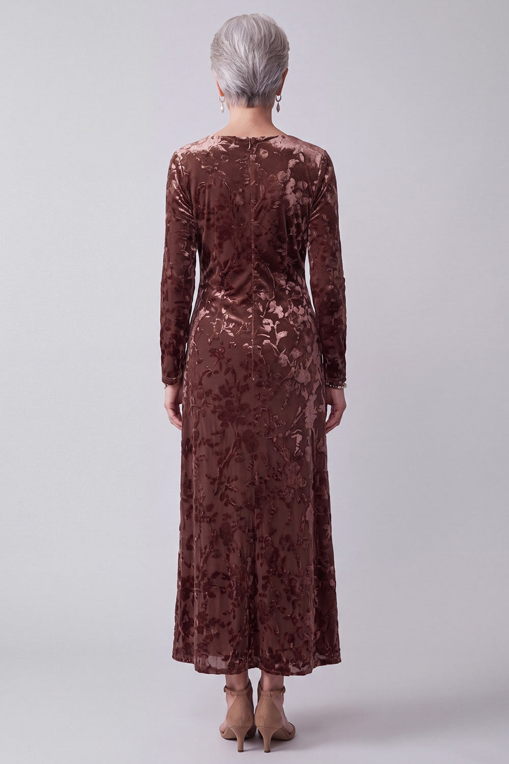 Chocolates Sheath Round Neck Floral Long Sleeves Velvet Holiday Dress