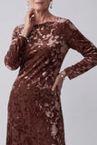 Chocolates Sheath Round Neck Floral Long Sleeves Velvet Holiday Dress